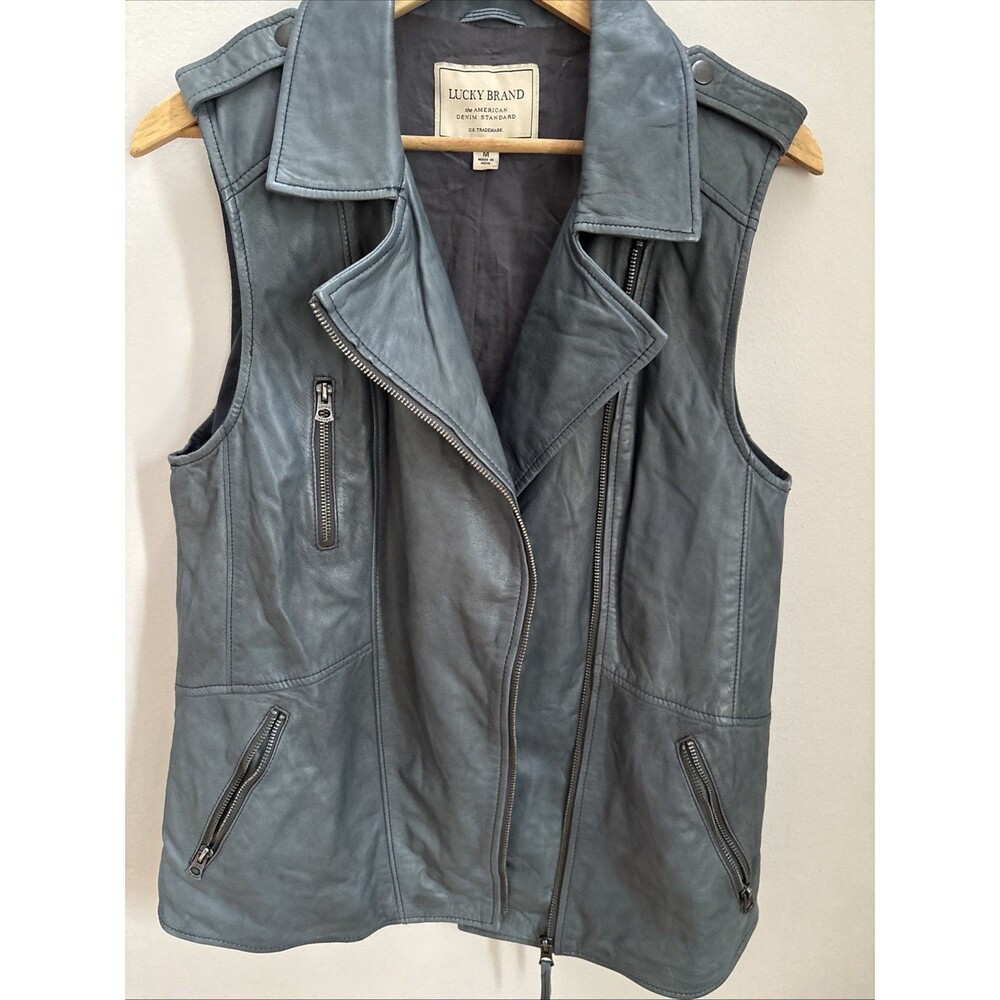 Lucky Brand Lamb Leather Blue Zipper Moto Long Vest Jacket Retro 90s Y2K Grunge